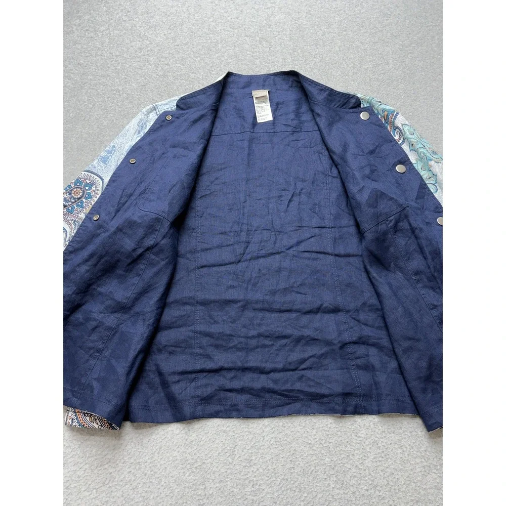 Chico's Jacket Womens 3 16/18 Reversible Linen Navy Paisley Patchwork Snap Front